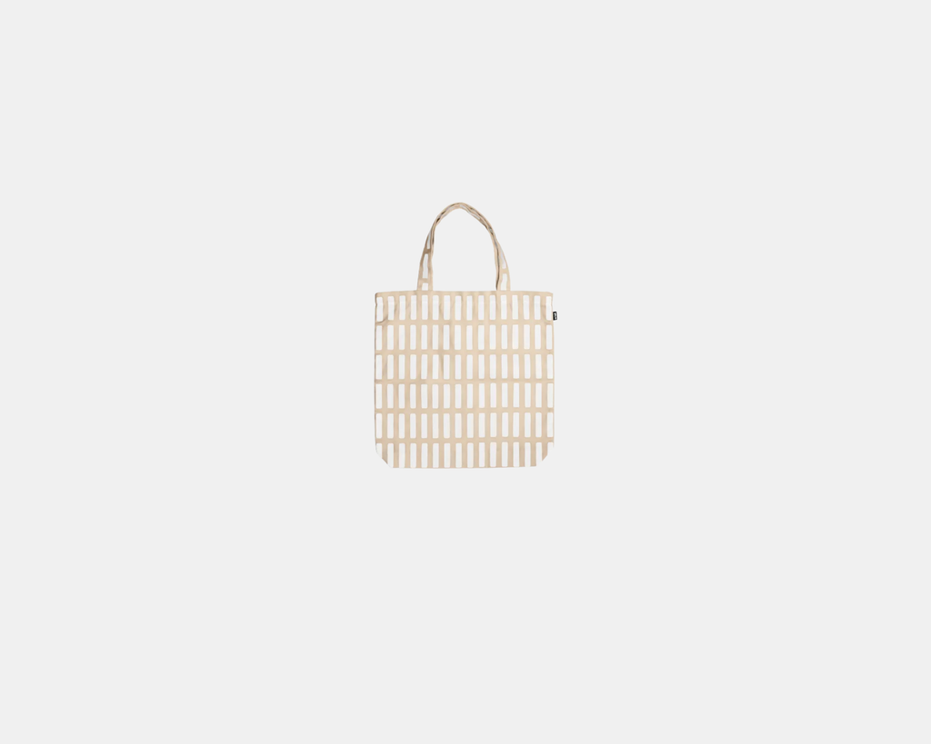 Authentic Artek Siena Canvas Bag by Alvar Aalto in Sand and White, classic geometric pattern home accessory
