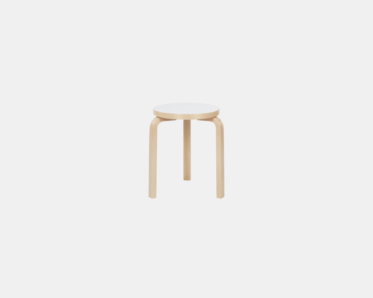 Authentic Artek Stool 60 by Alvar Aalto in HPL White, classic Finnish stackable wooden stool