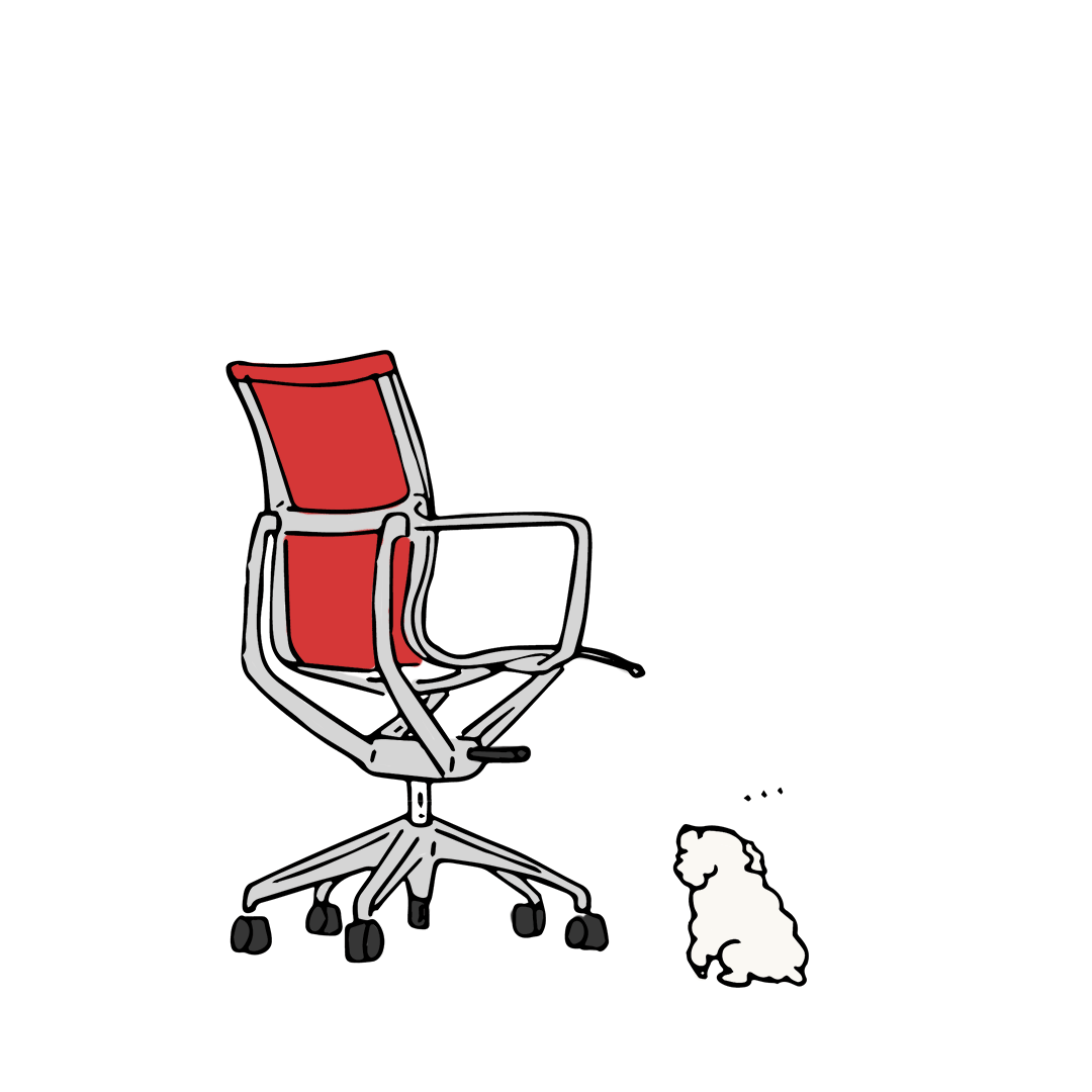 Animated illustration of an authentic red Vitra Physix office chair with a small poodle dog
