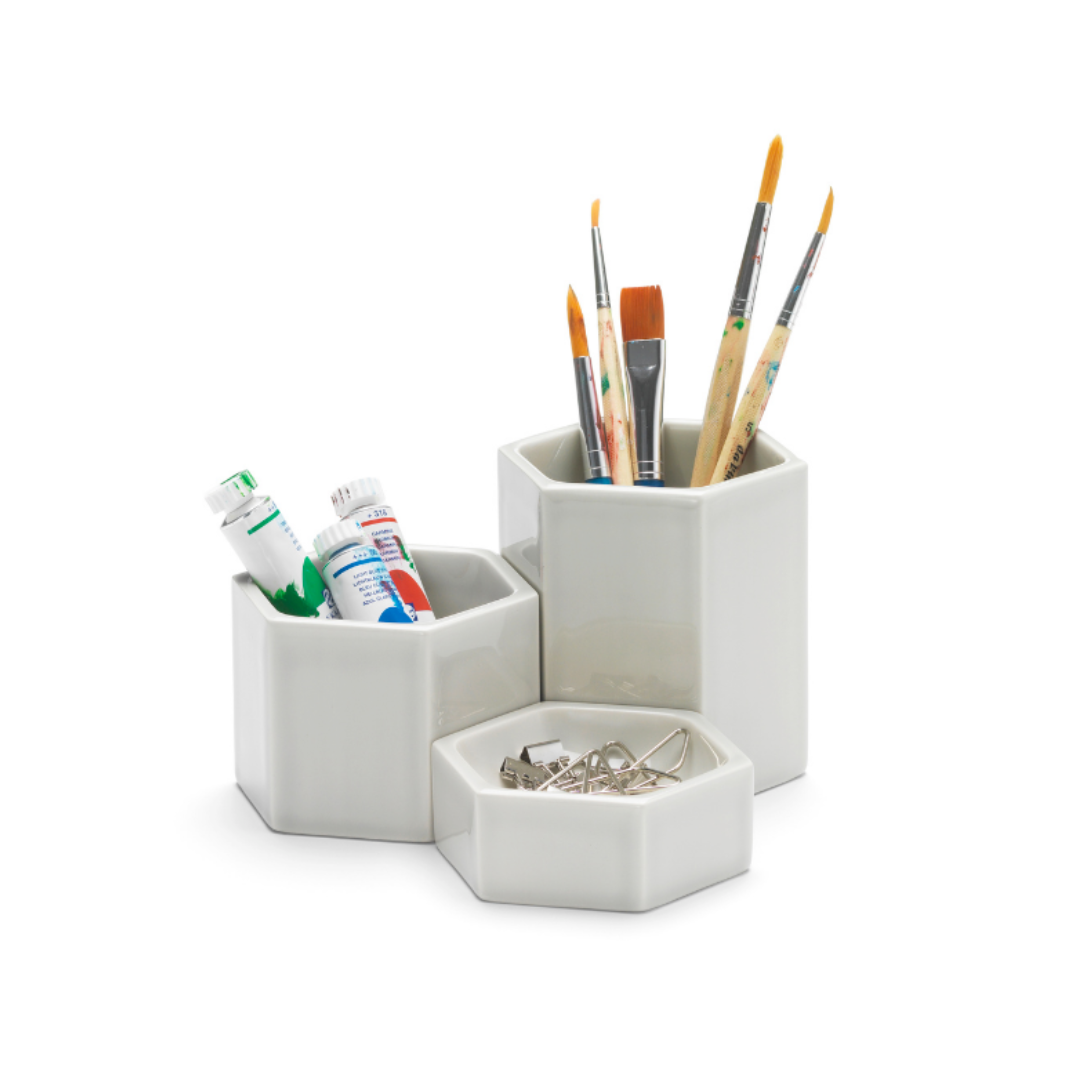 Hexagonal Ceramic Containers stationery display White